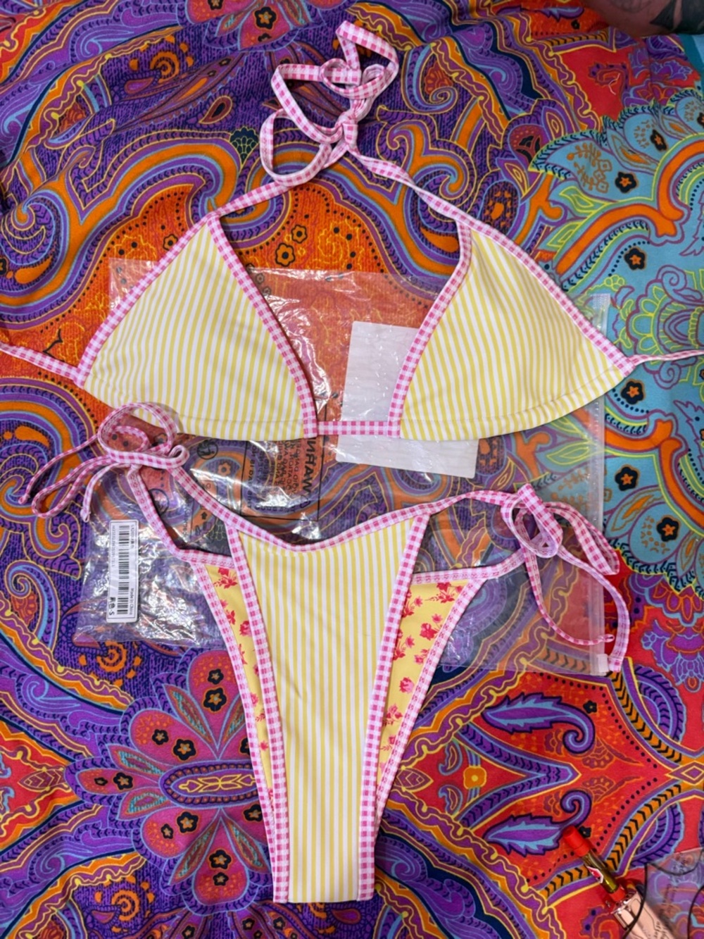SHEIN Yellow Stripe Bikini with Pink Gingham Trim